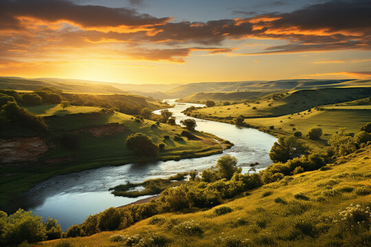 A peaceful countryside scene with rolling hills and a winding river, bathed in the warm light of the setting sun