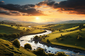 Sticker - A peaceful countryside scene with rolling hills and a winding river, bathed in the warm light of the setting sun