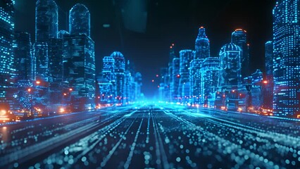 Poster - A modern cityscape illuminated by blue lights and neon signs, showcasing futuristic architecture and urban life after dark.