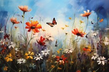 Oil Painting. Wildflowers, Daisies, Butterflies On A Blue Background.