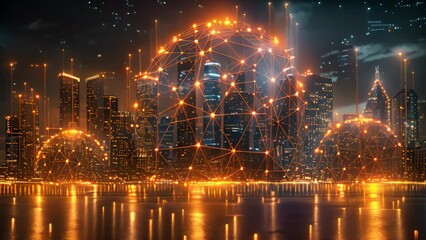 Aufkleber - A night view of a city skyline merged with digital network graphics.