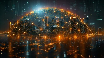 Poster - Illuminated city skyline with glowing digital network overlay.