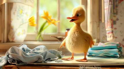 Sticker -   A yellow duck stands in front of folded clothes and a window with daffodils in the background