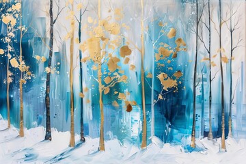 Wall Mural - abstract artistic background with gold brushstrokes and winter trees modern oil painting