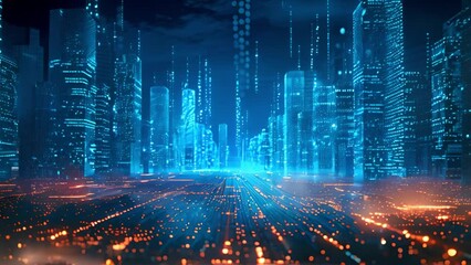 Aufkleber - A futuristic city with tall buildings, illuminated by bright lights, shines against the dark night sky.