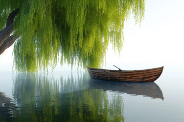 Wall Mural - A peaceful riverside scene with a rowboat moored under a weeping willow tree, isolated on solid white background.