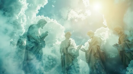 Wall Mural - All Saints' Memorial Day. figures of praying saints in a bright space. clouds. spiritual light