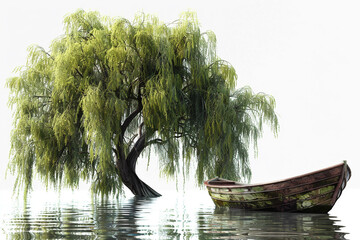 Wall Mural - A peaceful riverside scene with a rowboat moored under a weeping willow tree, isolated on solid white background.