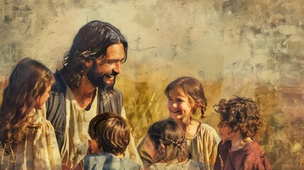 Artistic depiction of Jesus Christ with a group of young happy children. Oil painting christian art style