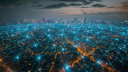 Poster - Dusk settles over a city intertwined with a glowing digital network overlay.