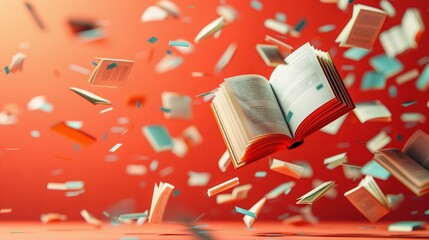 Sticker -   An open book soaring through the sky, surrounded by books and confetti cascading from it