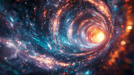 Poster - A spiral galaxy with a bright orange star at the center. The galaxy is filled with stars and dust, and the spiral shape gives it a sense of movement and energy