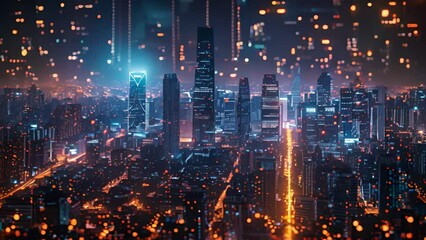 Aufkleber - Twinkling city lights and illuminated skyscrapers at dusk.