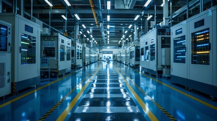 Poster - A large industrial building with many white doors and windows. The inside of the building is very bright and clean