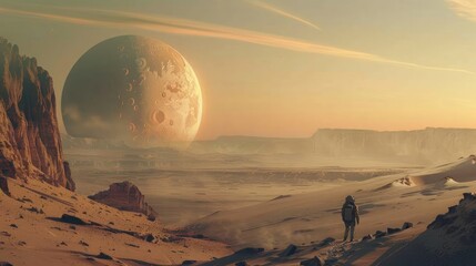 Poster - A man is walking on a desert planet with a large moon in the background. The scene is peaceful and serene, with the man being the only living being in the vast, empty landscape