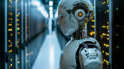 Poster - A robot stands in a large room with many lights. The robot is white and has a human-like face. The room is filled with many lights, creating a bright and futuristic atmosphere