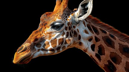 Poster -   A close-up of a giraffe's head against a black background