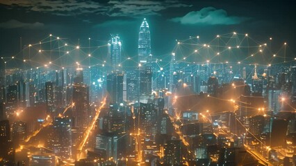 Poster - A city illuminated at night with a network of glowing lines overlaying it, showcasing urban connectivity and technology.