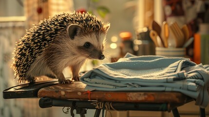   A small hedgehog perched atop a table amidst a pile of clothes and a T-shirt