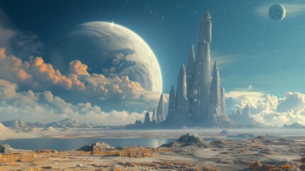 Poster - A space scene with a large planet and a large tower. The sky is cloudy and the sun is setting