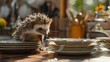   A tiny hedgehog perched on a wooden table with a plate and bowl nearby