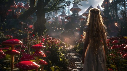 Aufkleber - A girl is walking through a forest with many red mushrooms. Scene is whimsical and magical