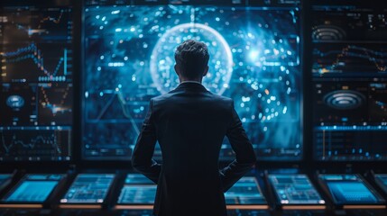Poster - A man in a suit stands in front of a computer monitor displaying a blue screen with a large circle in the center. The man is looking at the screen intently