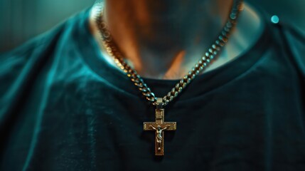 Christian cross on man neck. Golden christ cross on a chain around the neck of a man