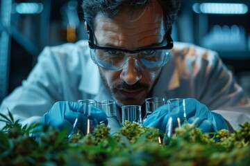 Poster - In a modern laboratory environment, a scientist meticulously studies the botany of cannabis plants