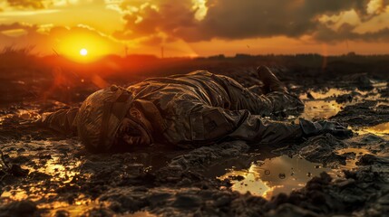 Dead soldier laying face down in the mud in front of the sunset, end of the line, fallen hero