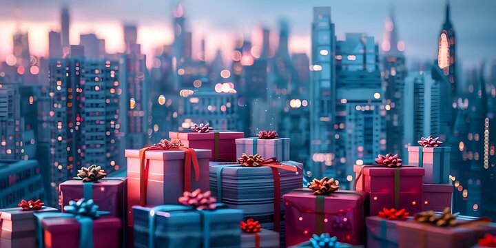 Gifts in boxes on the background of a big city
