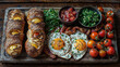 Full posh English breakfast board with eggs, beacon, tomatoes, bread and salad.