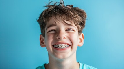 emotional teenage boy with braces on teeth on plain blue background, showing facial expression