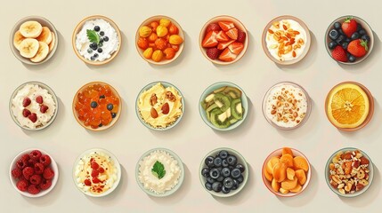 Canvas Print -   A collection of bowls containing various fruits and cereals stacked atop one another on a white background