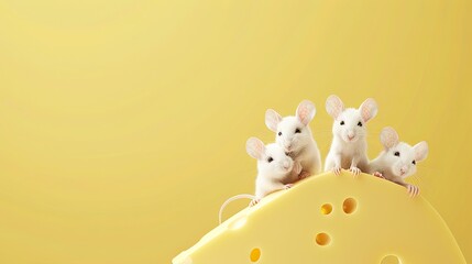 Wall Mural - mouse and cheese. yellow studio background Generative AI
