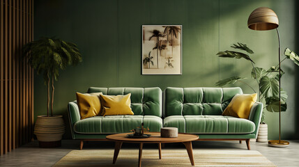 Wall Mural - Explore the mock living room with a green sofa, wooden pots, and a floor lamp, showcasing contemporary interior design for a truly exquisite ambiance