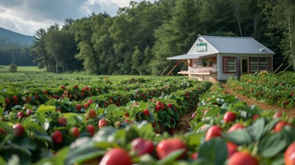 Poster - A strawberry field with a small building in the middle
