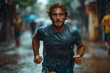 © Larisa AI - A fit runner in a blue shirt sprints through heavy rain, showcasing drive and stamina