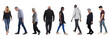 group of people walking and lookin down on white background