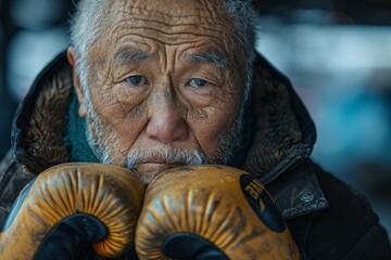 An older man's portrait captures resilience with weathered face and boxing gloves