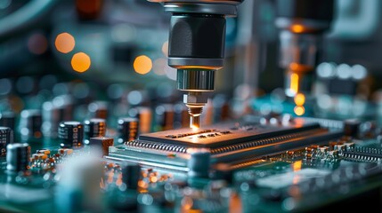Wall Mural - close-up view of a microscope examining a computer chip on a circuit board