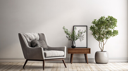 Wall Mural - Interior of a living room with a grey fabric armchair, a wooden table on a gleaming wooden floor, and an immaculate white wall