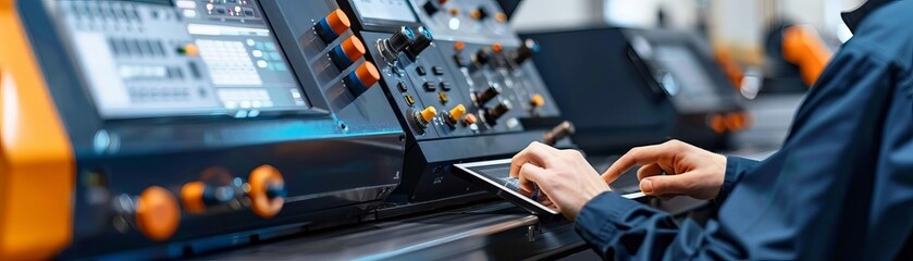 Factory worker is programming a CNC milling machine with a tablet computer