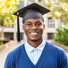 Wall Mural - African Male Graduate - Celebrating Graduation from College or University - Wearing Graduation Attire - Graduation Hat and Robes - Succesfull Young Adult or Teenager Smiling and Happy