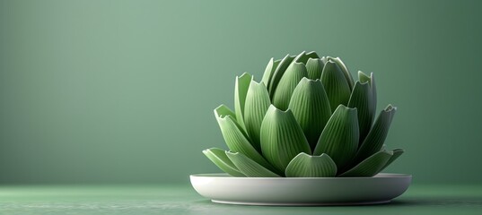 Poster - An artichoke rests on a white plate against a green backdrop, captured in a minimalist studio setup.
