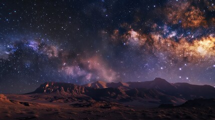 Wall Mural - a breathtaking view of a starry sky filled with galaxies over a majestic mountain range, evoking a s