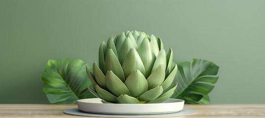 Wall Mural - In a minimalist studio setting, an artichoke sits on a white plate with a green background, forming the composition.
