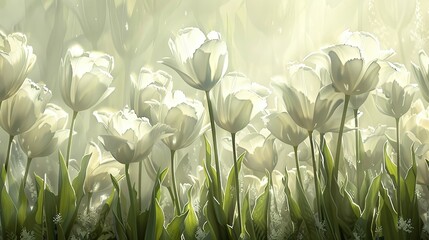 Sticker - White tulips rest gracefully in a bed illuminated by soft backlighting set against a dreamy white green backdrop