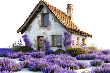 A quaint countryside cottage surrounded by blooming lavender fields, isolated on solid white background.