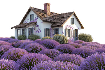 A quaint countryside cottage surrounded by blooming lavender fields, isolated on solid white background.